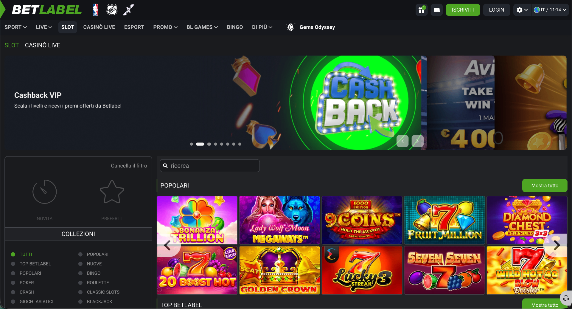 Screenshot della homepage di BetLabel